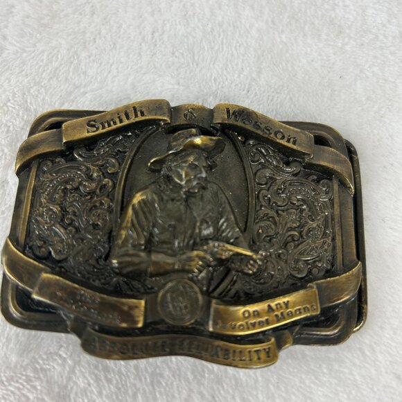 Vintage 1989 Smith & Wesson Bergamont Absolute Reliability Brass Belt Buckle - Picture 2 of 6